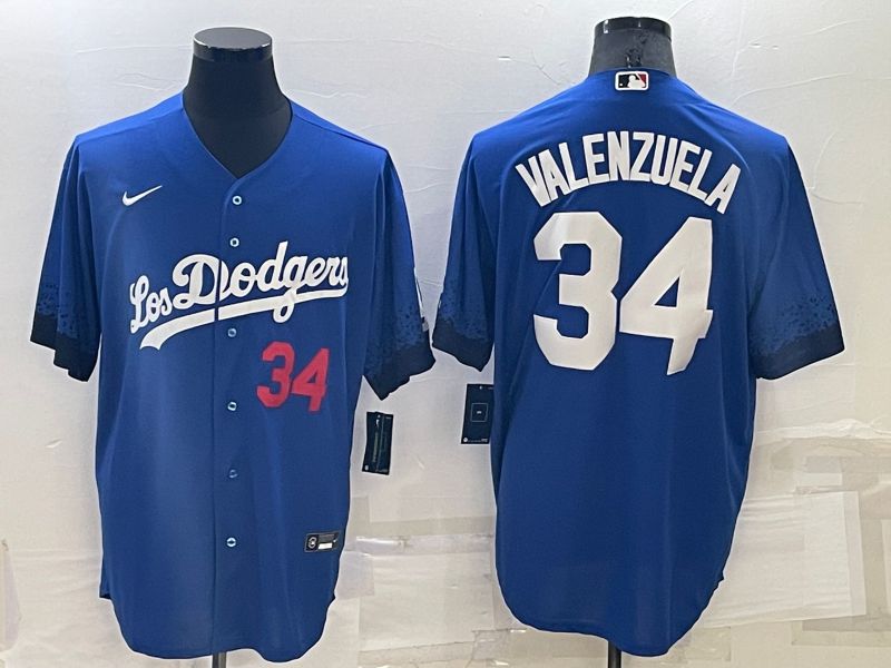 Men Los Angeles Dodgers 34 Valenzuela Blue City Edition Game Nike 2022 MLB Jersey